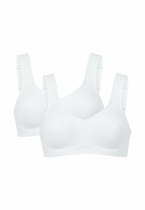 Två vita bh:ar med en slät tyg, breda axelremmar och en v-ringad design. Var och en har formade kupor och ett bekvämt band för stöd.