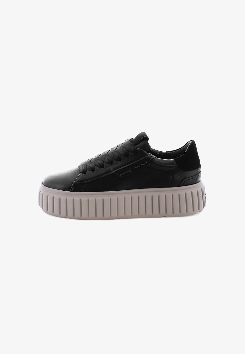 Black leather platform sneaker with thick beige ridged sole and lace-up front, side logo tag, and padded collar.