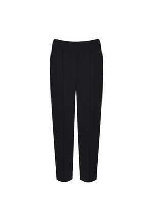 Pantalon noir à coupe droite, avec une texture lisse et une taille plate. Deux plis verticaux à l'avant ajoutent des détails.