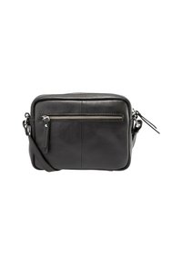 Borsa a tracolla in pelle nera con tasca frontale con zip, superficie testurizzata, tracolla regolabile e dettagli in metallo argentato.