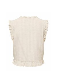 Blouse sans manches crème avec bords froncés aux épaules, à l'encolure et à l'ourlet, en tissu léger texturé.