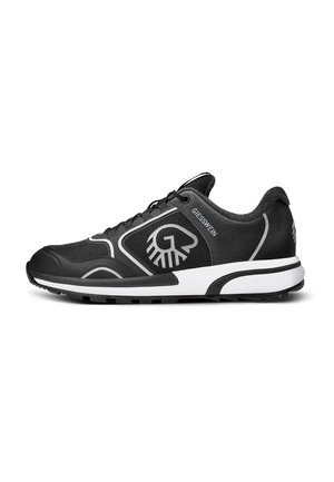 Black athletic shoe with a breathable upper, grey accents, textured sides, rubber outsole, and a prominent logo on the side.