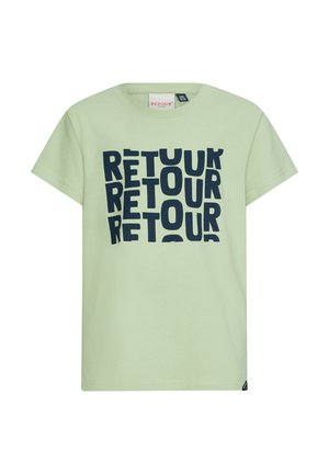 Hellgrünes Baumwoll-T-Shirt mit kurzen Ärmeln, das auffälligen navyblauen "RETOUR"-Text in verschiedenen Größen auf der Vorderseite trägt.