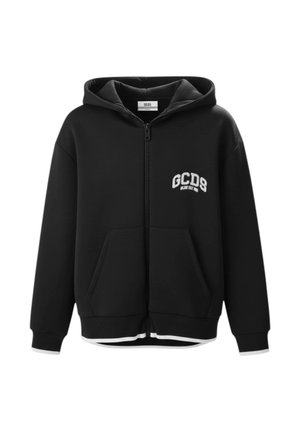Felpa con cappuccio nera con chiusura a zip, tasche frontali, polsini e orlo a coste, logo "GCDS" bianco sul petto a sinistra e cappuccio incorporato.