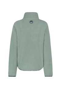 Fleece pullover, lichtgroene kleur, hoge kraag, zachte textuur, met een cirkelvormig logo op de achterkant en contrasterende marineblauwe afwerking aan de onderrand.