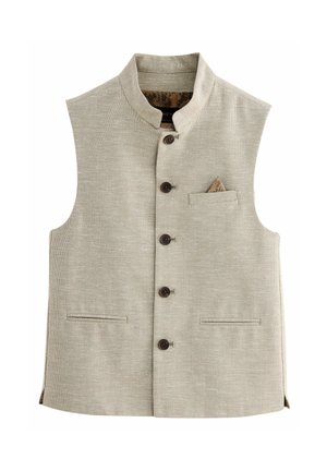 Gilet beige sans manche avec un col mandarin, cinq boutons marron, deux poches avant et un détail de pochette à motif. Tissu texturé.