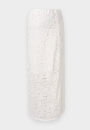 Fustă albă din dantelă cu model floral, design până la genunchi, talie elastică și textură netedă. Prezintă un finisaj semi-transparent.