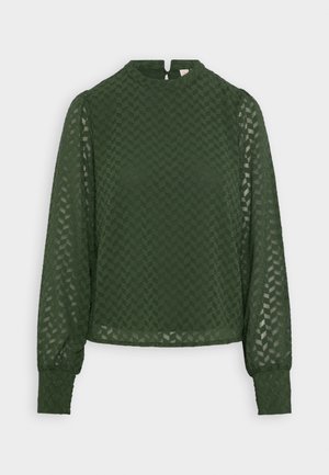 Dark green semi-sheer blouse with geometric pattern, long puffed sleeves, cuffed wrists, and a high neckline with back button closure.