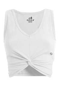 Top corto bianco con scollo a V, caratterizzato da un dettaglio frontale intrecciato. Realizzato in tessuto liscio e elastico con un piccolo logo sull'orlo.