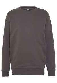 Mørk grå hettegenser laget av myk stoff, med rund hals, lange ermer og ribbestrikkede mansjetter og nederkant. Ingen synlige logoer eller mønstre.