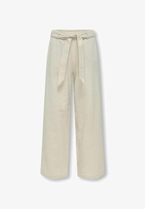 Pantalones de pierna ancha color beige claro, fabricados en tela texturada, con una cintura anudada y bolsillos laterales para un ajuste relajado.