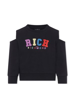 Sweatshirt noir avec un design à épaule dénudée, présentant des lettres en polaire multicolores épelant "RICH JOHN RICHMOND" sur le devant.