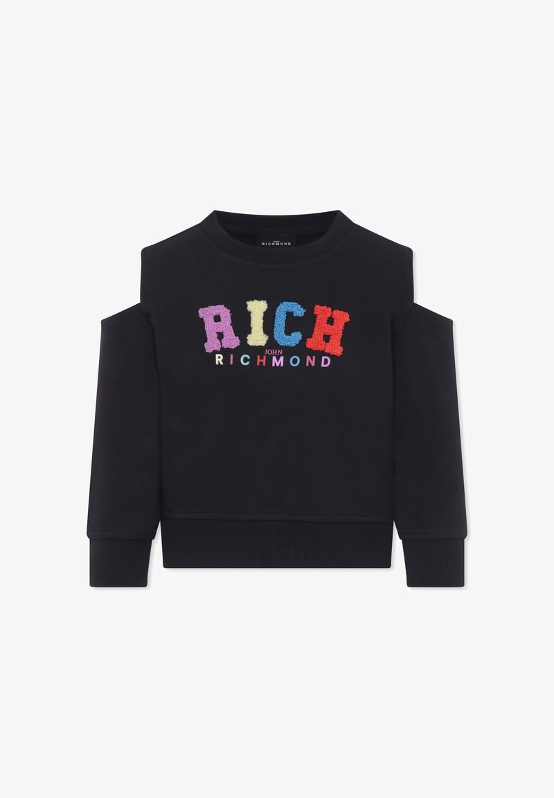 Sweatshirt noir avec un design à épaule dénudée, présentant des lettres en polaire multicolores épelant "RICH JOHN RICHMOND" sur le devant.