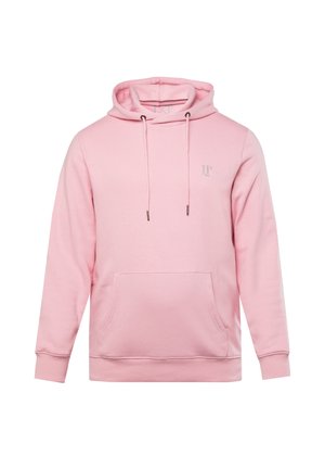 Jasnoróżowa bluza z kapturem wykonana z miękkiego materiału, z przednią kieszenią typu kangur, sznurkami do regulacji i wytłoczonym logo na piersiach.