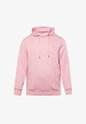 Světle růžová mikina z měkké tkaniny, s přední klokankovou kapsou, zdrhovadly a vyraženým logem na hrudi.