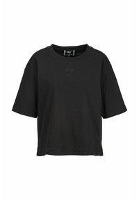 Schwarzes Kurzarm-T-Shirt aus weichem Stoff, mit Rundhalsausschnitt und kleinen erhabenen Punkten für Textur und Detail.