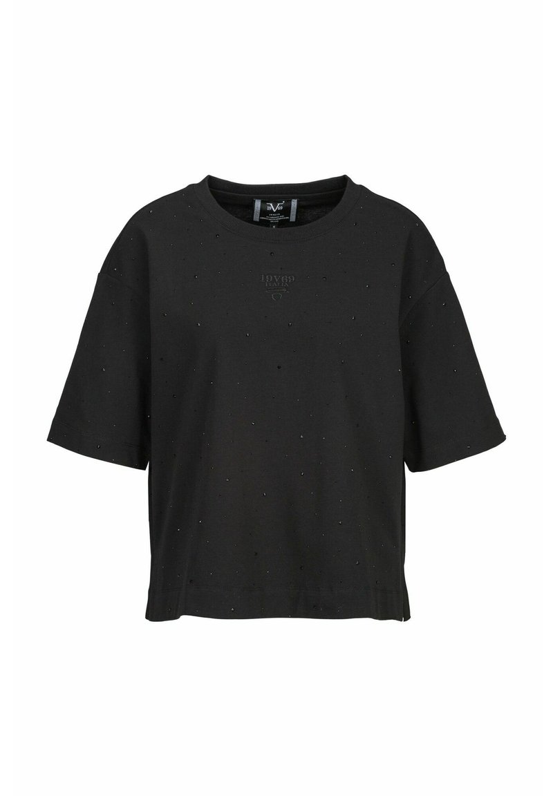 Schwarzes Kurzarm-T-Shirt aus weichem Stoff, mit Rundhalsausschnitt und kleinen erhabenen Punkten für Textur und Detail.