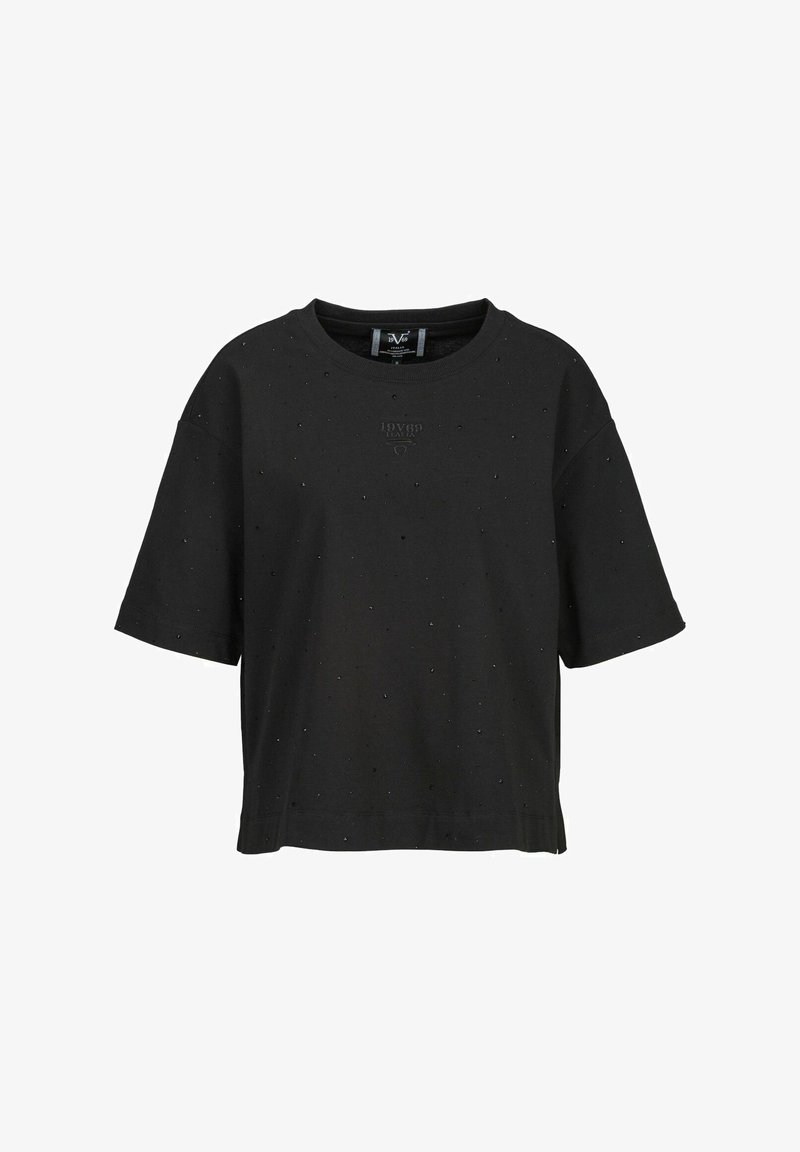 Schwarzes Kurzarm-T-Shirt aus weichem Stoff, mit Rundhalsausschnitt und kleinen erhabenen Punkten für Textur und Detail.