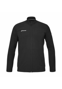 Chaqueta negra con cremallera fabricada en material suave y elástico. Cuenta con un alto cuello, mangas largas y un logotipo en el área del pecho izquierdo.