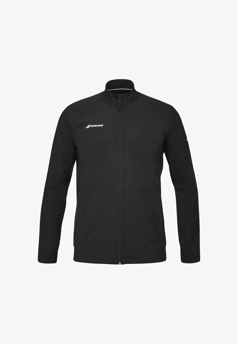 Chaqueta negra con cremallera fabricada en material suave y elástico. Cuenta con un alto cuello, mangas largas y un logotipo en el área del pecho izquierdo.