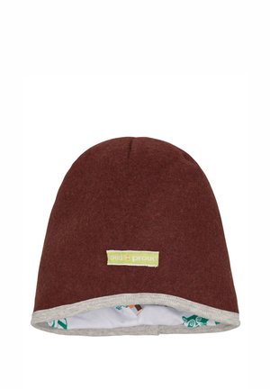 Beanie di feltro marrone con un interno grigio chiaro. Presenta un piccolo etichetta verde sul lato. Forma semplice e arrotondata con una texture liscia.