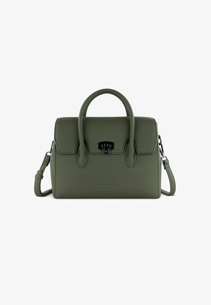 Bolso de mano de cuero verde con forma estructurada, asas superiores, correa de hombro desmontable y cierre de broche. Presenta detalle de logo en relieve.