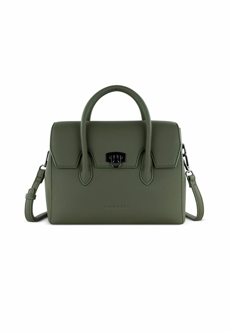 Borsa a mano in pelle verde con una forma strutturata, manici superiori, spallaccio staccabile e chiusura a scatto. Presenta dettagli con logo impresso.