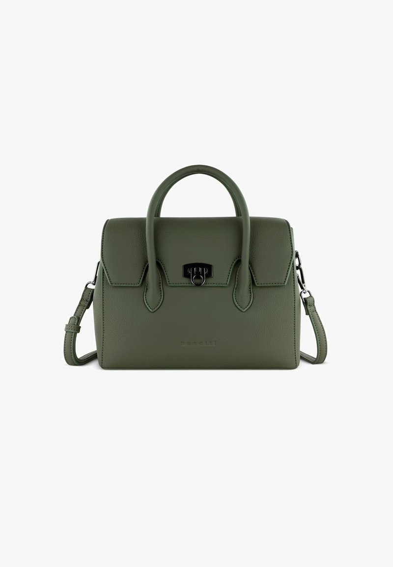 Borsa a mano in pelle verde con una forma strutturata, manici superiori, spallaccio staccabile e chiusura a scatto. Presenta dettagli con logo impresso.