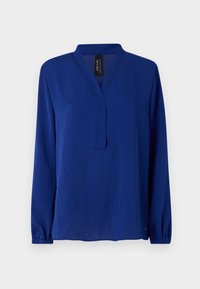 Blaue Bluse mit langen Ärmeln, V-Ausschnitt und elastischen Manschetten. Hergestellt aus leichtem Stoff, mit einer feinen Textur und einem Markenlogo am Saum.