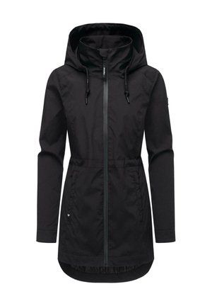 Jacket negru ușor, cu glugă, design simplu, fermoar frontal, șnururi ajustabile și talie elasticizată pentru un aspect strâmt.