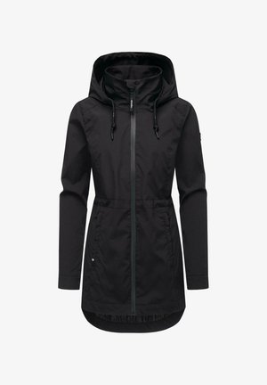 Chaqueta negra ligera con capucha, diseño aerodinámico, frontal con cremallera, cordones ajustables y cintura elástica para un ajuste ceñido.