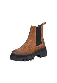 Brown suede ankle boot with black elastic side panels and a pull tab. Chunky black rubber sole with a textured, ridged design.