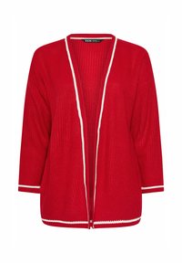 Röd stickad cardigan med trekvartsärmar, öppen framsidan och vit kant runt kanterna. Strukturerad tyg med en löst sittande passform.