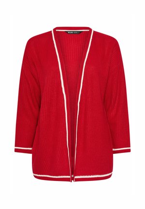 Rød strikket cardigan med trekvartærmer, åben foran design og hvid kant langs kanterne. Teksturert stof med en løs pasform.