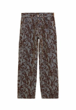 Hnedo–tyrkysové džíny s rovnými nohavicami, vyrobené z denimu, s gombíkovým zapínaním a štýlom s piatimi vreckami.