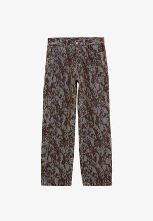 Rudos ir žalsvai mėlyni marginti džinsai tiesiomis kojomis, pagaminti iš džinso audinio, su sagos užsegimu ir penkių kišenių dizainu.