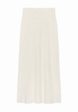 Een crèmekleurige, knie-lange rok gemaakt van zachte stof, met een gladde textuur en een aansluitende tailleband voor comfort.