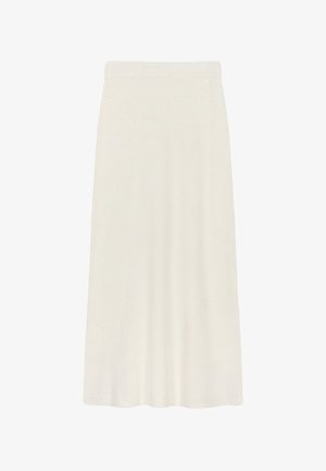 Een crèmekleurige, knie-lange rok gemaakt van zachte stof, met een gladde textuur en een aansluitende tailleband voor comfort.