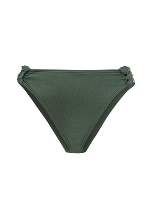 Kötözött részletekkel ellátott bikini alsó sötétzöld színben. Simaságot sugalló anyagból készült, enyhe fényességgel. Klasszikus szabású, oldalán ráncolt részletekkel.