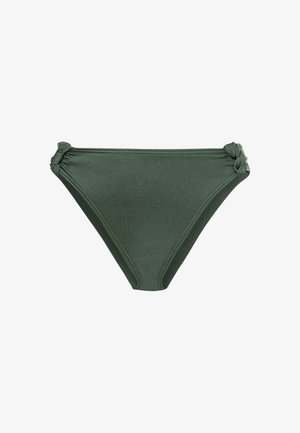 Sõlm-detailiga bikiinipüksid tumeroheline. Valmistatud siledast kangast, millel on kerge sära. Omab klassikalist lõiget koos volangdetailidega külgedel.