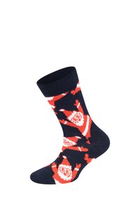 Navy sock featuring a playful pattern of red and white Santa Claus illustrations waving. Suitable for festive occasions.