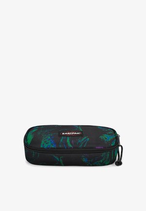 Eastpak pencil case made of black fabric with green and blue abstract patterns. Zip closure along the top, branded logo on the front.