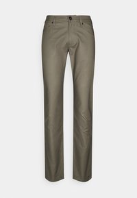 Olivové kalhoty vyrobené z bavlněné směsi, s rovnými nohavicemi, předními kapsami a knoflíkovým zapínáním. Hladká textura.