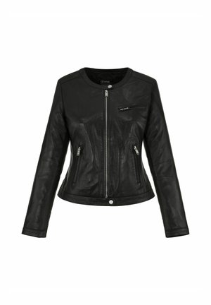 Czarna skórzana kurtka z zamkiem z przodu, okrągłym dekoltem i trzema kieszeniami na zamek. Gładka tekstura, dopasowany krój i minimalne przeszycia.