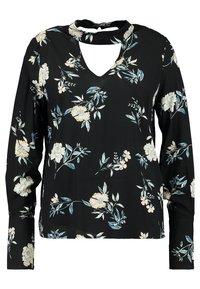 Schwarze langärmelige Bluse mit Blumenmuster, V-förmigem Ausschnitt, verziert mit cremefarbenen und blauen Blumenmustern, gefertigt aus leichtem Stoff mit glatter Textur.
