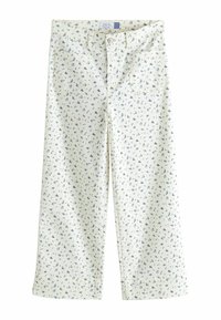 Pantaloni a gamba larga in cotone di colore crema chiaro con piccolo motivo floreale blu, dotati di due tasche frontali e chiusura a bottone in vita.