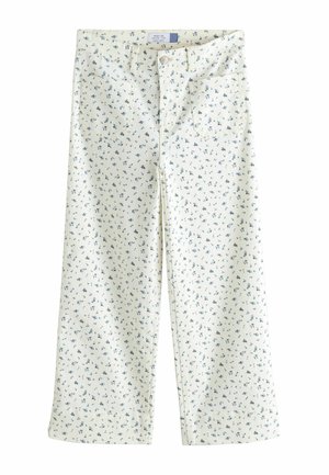 Pantaloni largi din bumbac de culoare crem deschis cu imprimeu floral mic albastru, având două buzunare frontale și o închidere cu nasture la talie.