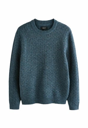 Dark teal sweater with a rounded neck, textured knit pattern, ribbed cuffs, and hem. Made from a soft, warm material. Size medium.