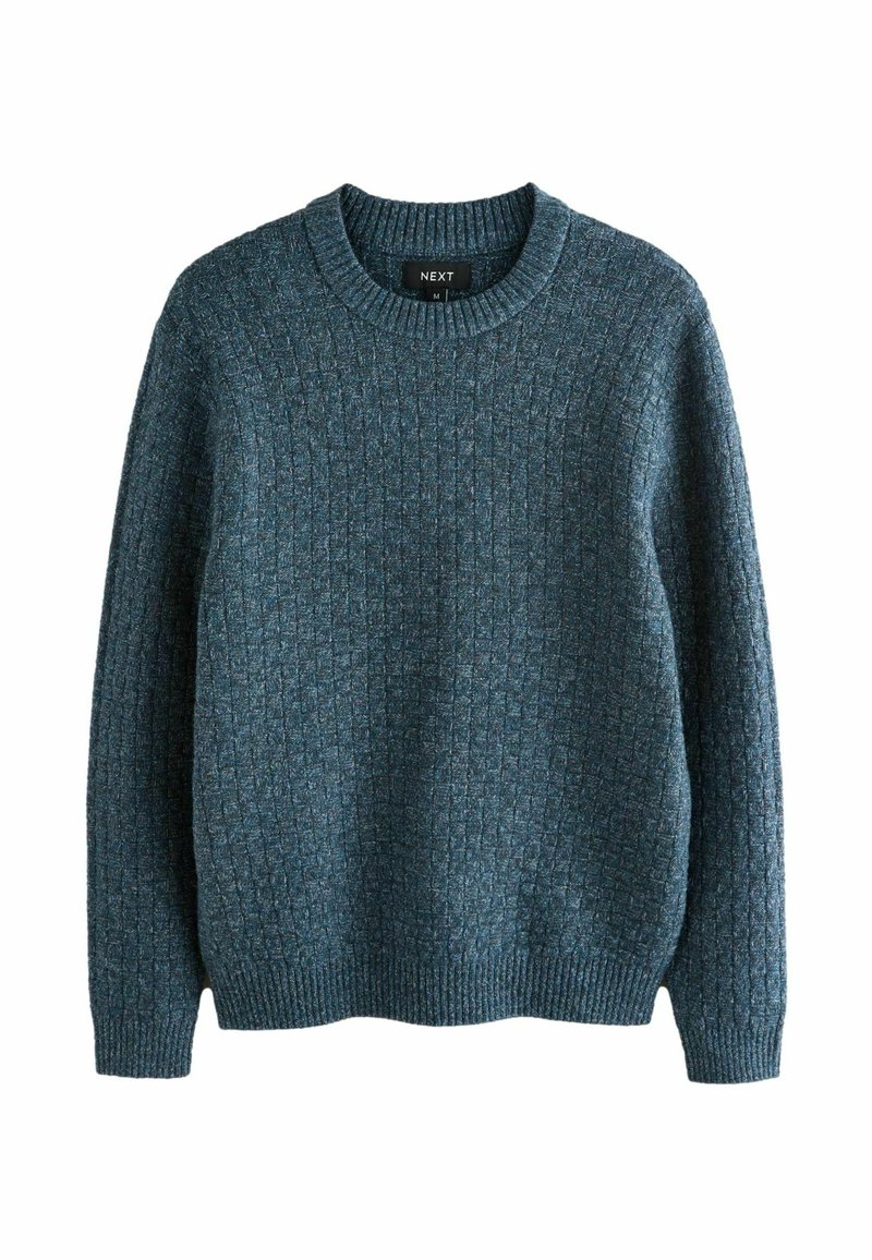 Suéter azul oscuro con cuello redondeado, patrón de punto texturizado, puños y dobladillo de canalé. Fabricado con un material suave y cálido. Talla mediana.