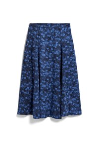 Fleur-draped polviskirt, tumma sininen, jossa on kukkakuosi, jossa on vaaleampia sinisiä kukkia. Valmistettu teksturoidusta kankaasta, jossa on sileä vyötärö.